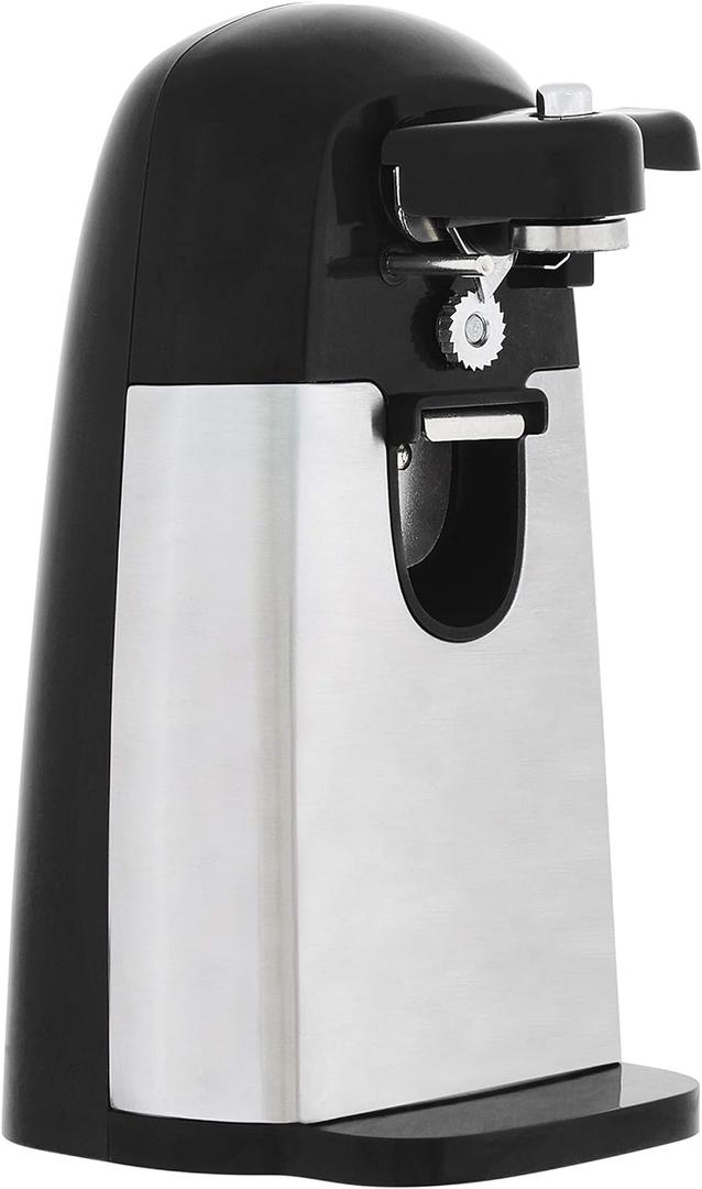 Amazon Basics 3-In-1 Electric Can Opener, Bottle Opener and Knife Sharpener, with Stainless Steel Blade, Magnetic Lid Holder, Automatic, Countertop, 50W, Black