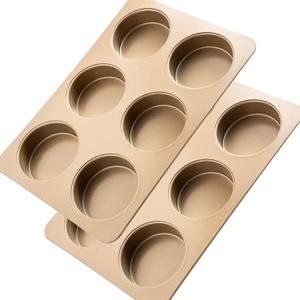 2 Pack Hamburger Bun Pan, Nonstick Hamburger Bread Forms 4 Inch Cake Pan Mini Round Disc Pan for Baking Burger Buns English Muffin Whoopie Pies Muffin Top (Set of 2, Gold)