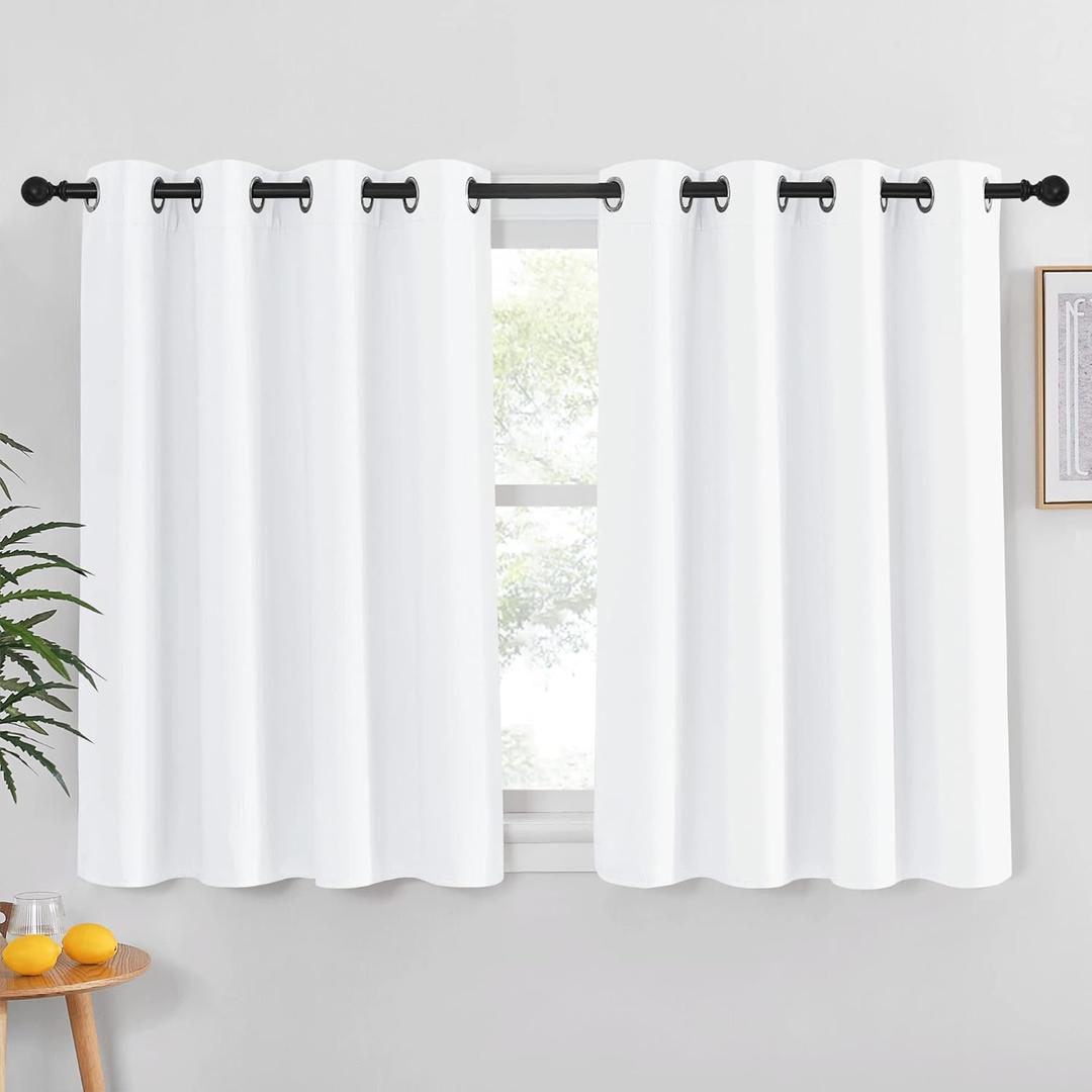 NICETOWN Room Darkneing Kitchen Curtain 45 inches Long - 50% Blackout Thermal Insulated Solid Grommet Sound & Light Blocking Drape Window Treatment for Bedroom (White, 1 Panel, W52 x L45)