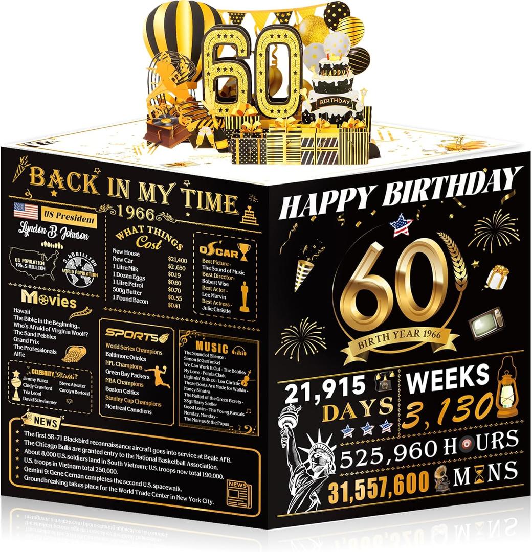60th Birthday Cards for Women Men, 3D Pop Up 60th Birthday Gift Ideas for Grandma Mom Dad, Funny 60 Year Old Birthday Decorations for Husband Wife Parents Him Her, Jumbo Back In 1966