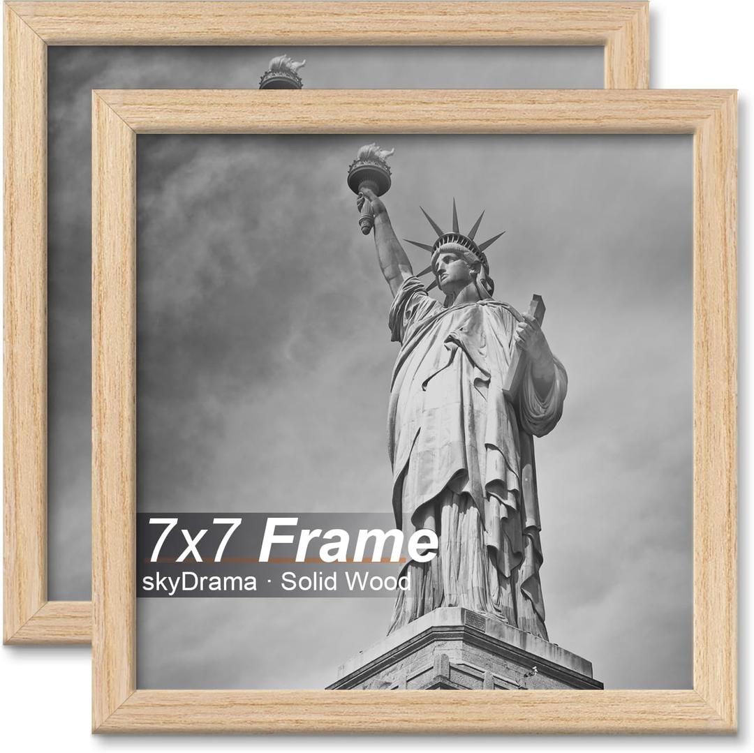 Natural Solid Wood 7x7 Picture Frame, Display 7 x 7 Inch Picture Poster Photo, Vertical & Horizontal Wall Hanging - 2 Pack/Natural/7"x7"
