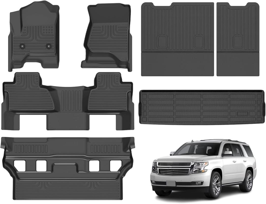 Floor Mats & Cargo Liner for 2015-2020 Chevy Tahoe & GMC Yukon (Bucket Seat) (Not XL) All Weather TPE Set Anti-Slip Waterproof Floor Liners Accessories (Car Mats+Trunk Mat+Backrest) Black