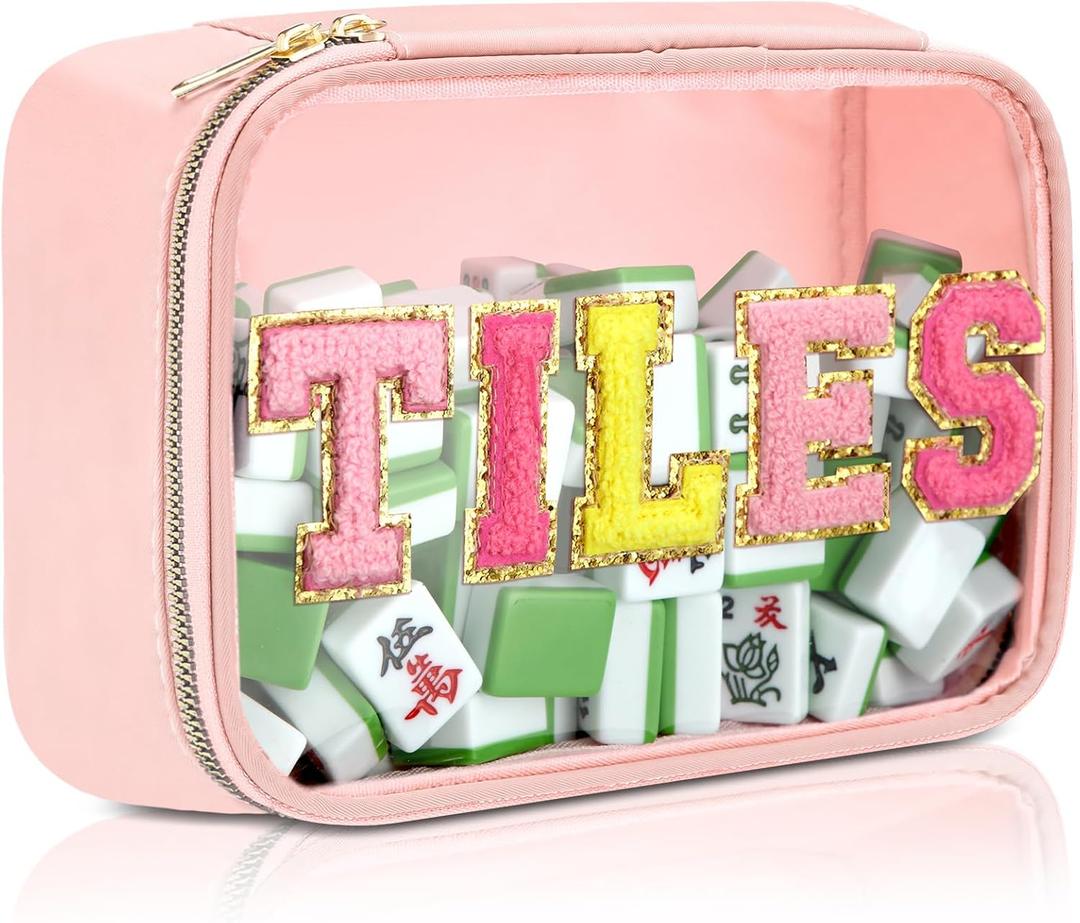 Empty Mahjong Tile Bag American PVC Clear Mahjong Case Size 166 Waterproof Zippered Storage Tile Holder Rack Bag for Game Lover Gift Travel, Case Only (Pink,Tiles)