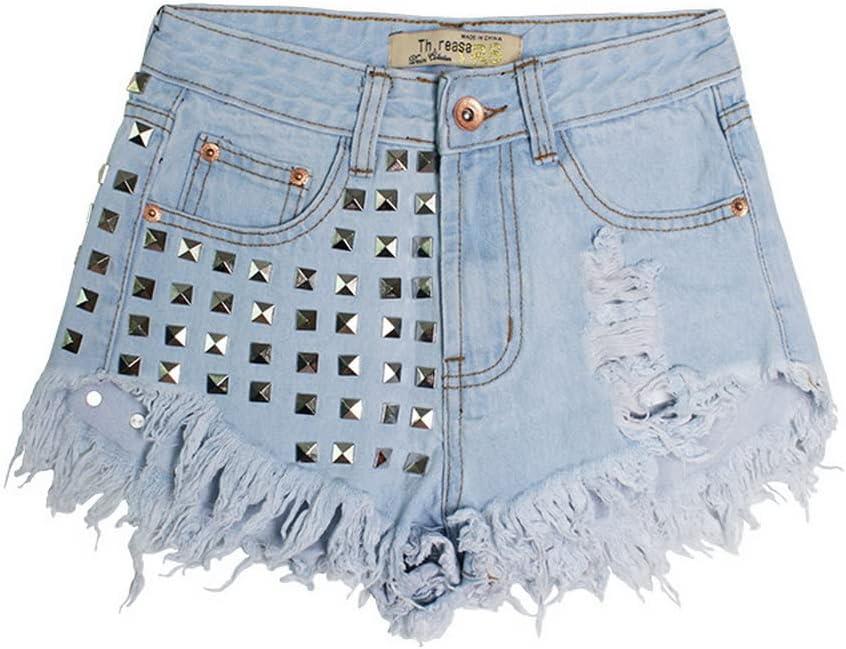 COMLIFE Women's Denim Shorts Worn Irregular Tassels Hem Sexy Studded Mid Waisted Jean Short Pants (Large)