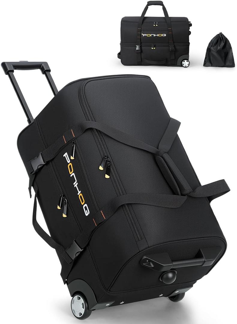 Ponhog 25 Inch Duffle Bag with Wheels and Handle for Men - Water Resistant Wheeled Duffle Bag for Weekend Travel & Overnight Trips, Black, 25 inch standard