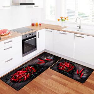 Kitchen Rugs Set Red Chili Peppers Shot from Above on Rustic Wooden Table Kitchen Mat for Floor Non-Slip Washable Kitchen Runner Doormat Bath Rug Carpet Comfort Standing Mats Decorations (17"x28"+17"x48", Choice5)