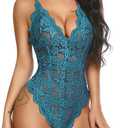 Avidlove Sexy Lingerie for Women Deep V Teddy Sheer Lace Bodysuit Snap Crotch One Piece Babydoll (Blue, S)