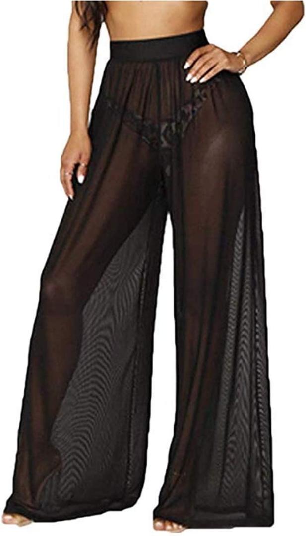Women Sexy See Through Sheer Mesh Loose Bottoms, Swimsuit Bikini Cover Up, High Waist Wide Leg Pant, C Black, X-Large 
