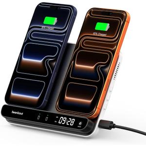 Dual Wireless Charger Stand, SwanScout 504, Foldable Wireless Charging Station Pad for iPhone Air/17/16/15 Series, Samsung Galaxy S25/S24/S23, Google Pixel 10/9/8, Android Phones, AirPods/Galaxy Buds
