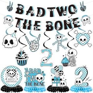 Pack of 2 iPartyGo Bad 2nd Birthday Decorations - 13 Pcs Pre-Strung Skeleton Skull The Bone Banners Rock and Roll Music Hanging Swirls Honeycomb Centerpiece Happy Two Party Decor Supplies for 2 Years Old Boy