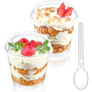 TOFLEN 6 oz Mini Dessert Cups with Lids and Spoons 150 Pcs | Serves 50 | Small Plastic Cake Cups Round Party Serving Cups for Parfait, Appetizers, Mousse, Dessert Shot Glasses