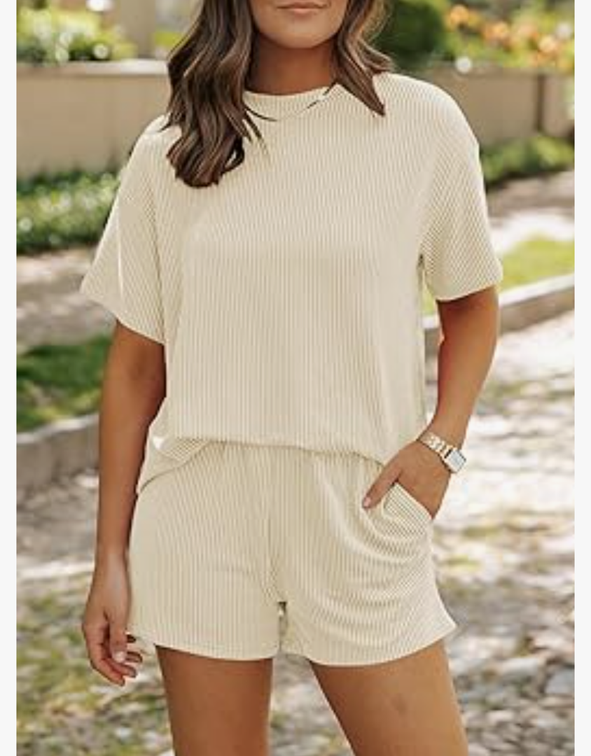 SHEWIN Two 2 Piece Sets for Women Short Sleeve Shirts High Waisted Shorts with Pockets Pajamas Lounge Matching Set M