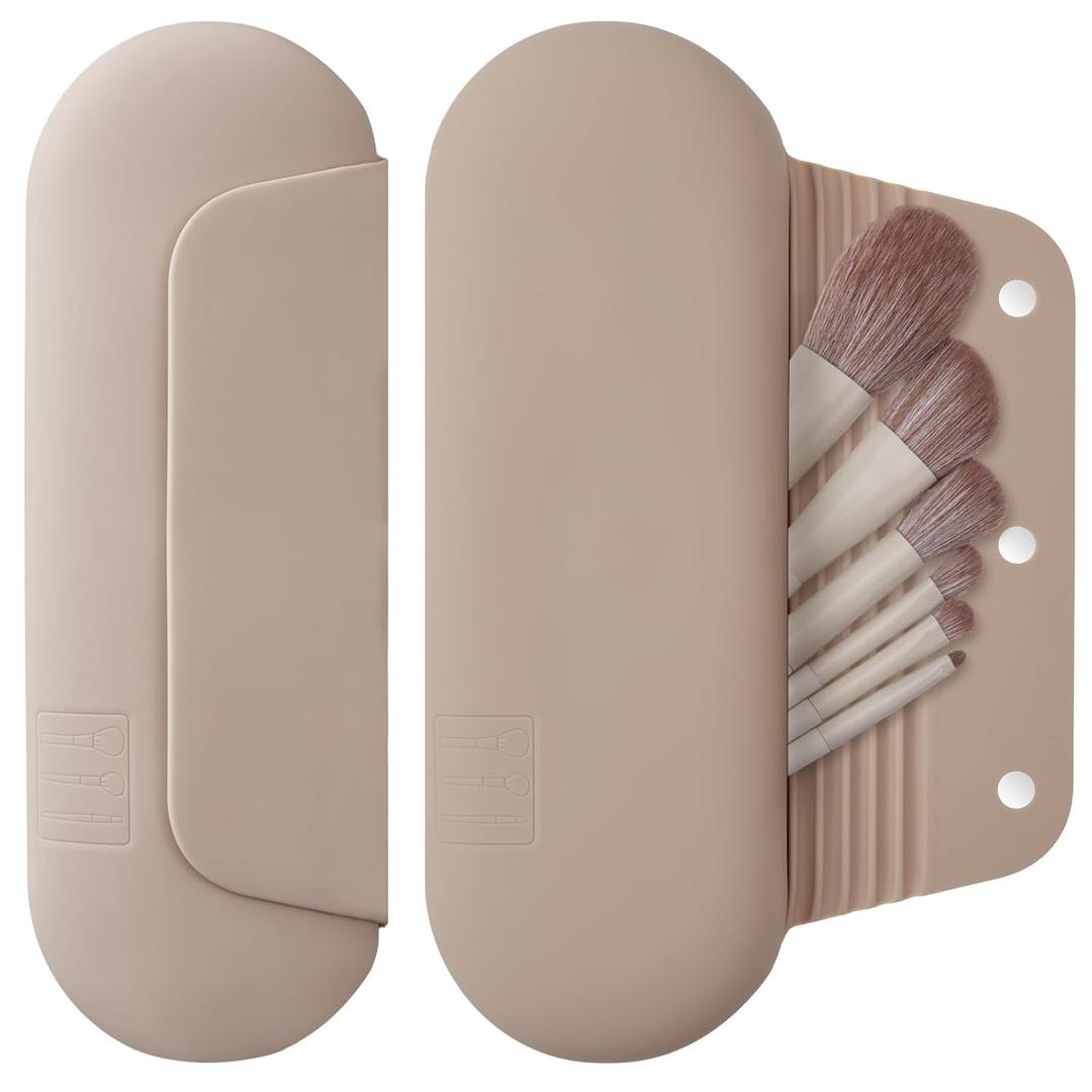 Silicone Makeup Brush Holder Travel Cosmetic BagSoft Portable Cosmetic Face Brushes Holder with Upgrade Anti-Fall Out Magnetic Closure, Large Travel Makeup Brush Case - Walnut