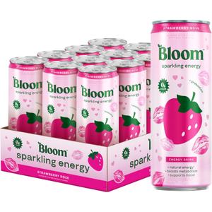 Bloom Nutrition Sparkling Energy Drink - Natural Caffeine, Zero Sugar, 180mg Caffeine - Antioxidant-Rich with Green Coffee Bean, Green Tea Extract, Prebiotics - Strawberry Rose - 12 oz (12 Pack)