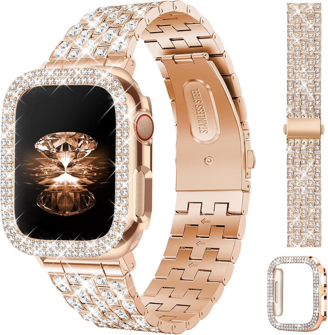 JR.DM Diamond Bands with Bling Case Women Compatible with Apple Watch 40mm 38mm 41mm 44mm 45mm 42mm 46mm 49mm Luxury Metal Bracelet Replacement Strap for iWatch Series 11/10/9/8/7/6/5/4 SE/Ultra 3/2/1