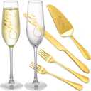 Wedding Champagne Flutes with Cake Knife and Server Set of 6, Mr and Mrs Wedding Gifts for Bride and Groom, Engagement Bridal Shower Gifts (Gold)