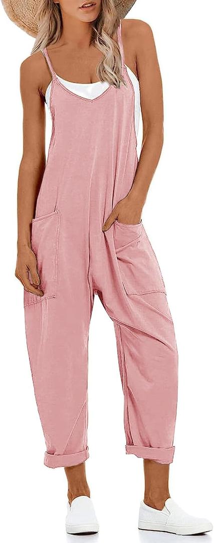Muchpow Women's V Neck Sleeveless Jumpsuits Spaghetti Straps Harem Long Pants Overalls With Pockets (Large, Pink)