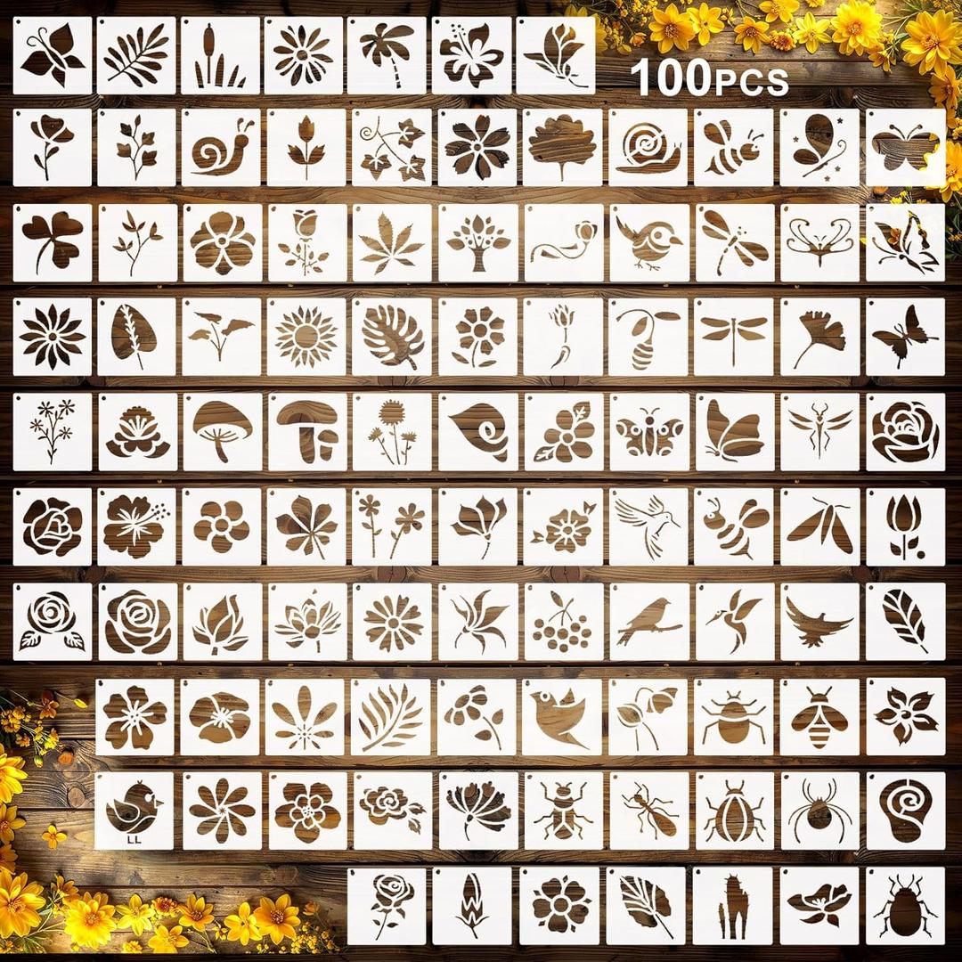 Fainne 100 Pcs Small Stencils for Crafts, 1.5 Inch Reusable Painting Stencils Painting Crafts Templates for Wood, Wall, Home Decor, Canvas, Fabric (Flower Bird Plants)