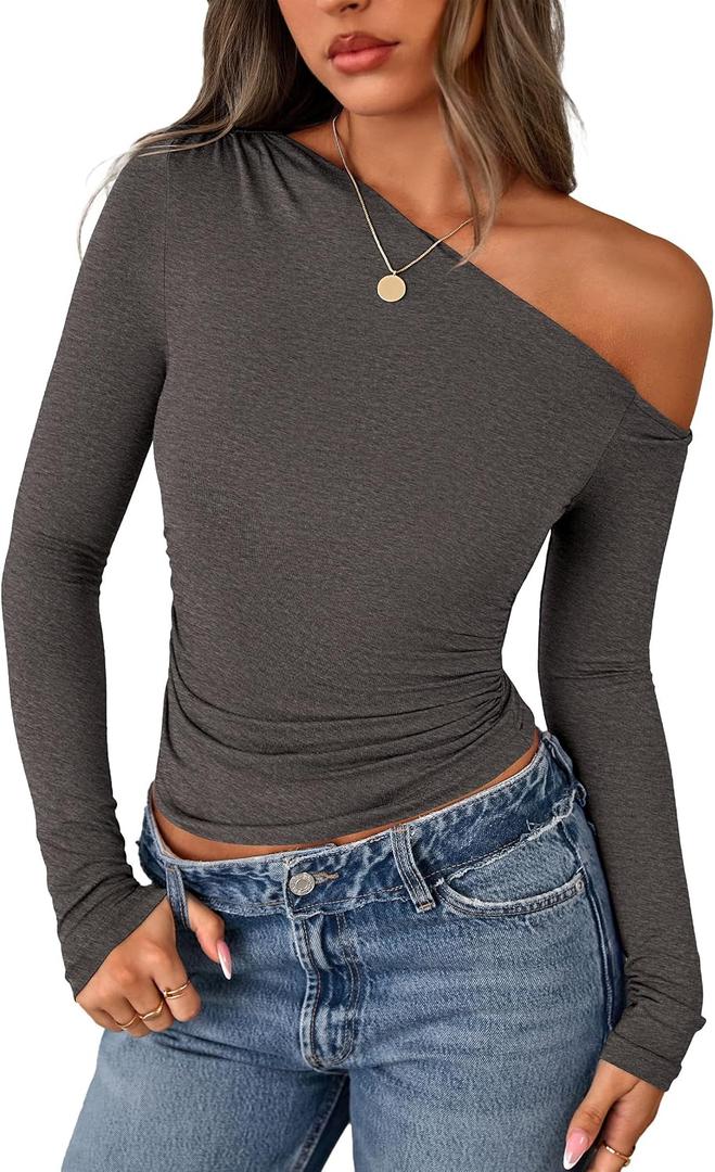 PRETTYGARDEN Womens Off the Shoulder Long Sleeve Shirts | Soft Stretchy Knit Blouse, Slim Fit Asymmetrical Tees, Ruched Going Out Y2K Tops, Spring Fall Trendy Clothes for Date Night (L)