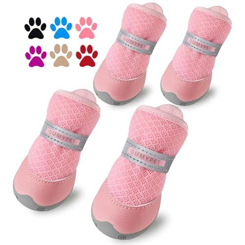 QUMY 4PCS Dog Shoes for Small Dogs, Hot Pavement Summer Puppy Dog Boots & Paw Protectors with Soft Anti-Slip Rubber Sole, Mesh Breathable Dog Booties for Hardfloors, Walking Running Pink Size 4