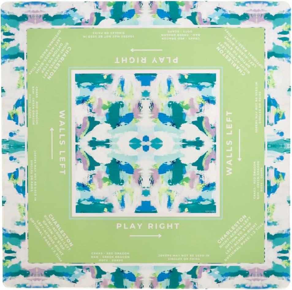 KRD x Preppy Goods Seaglass Garden Mahjong Mat - Blue & Green Grandmillennial Mahjong Playing Mat with Instructional Layout for American Mahjong, 32.5"x32.5"