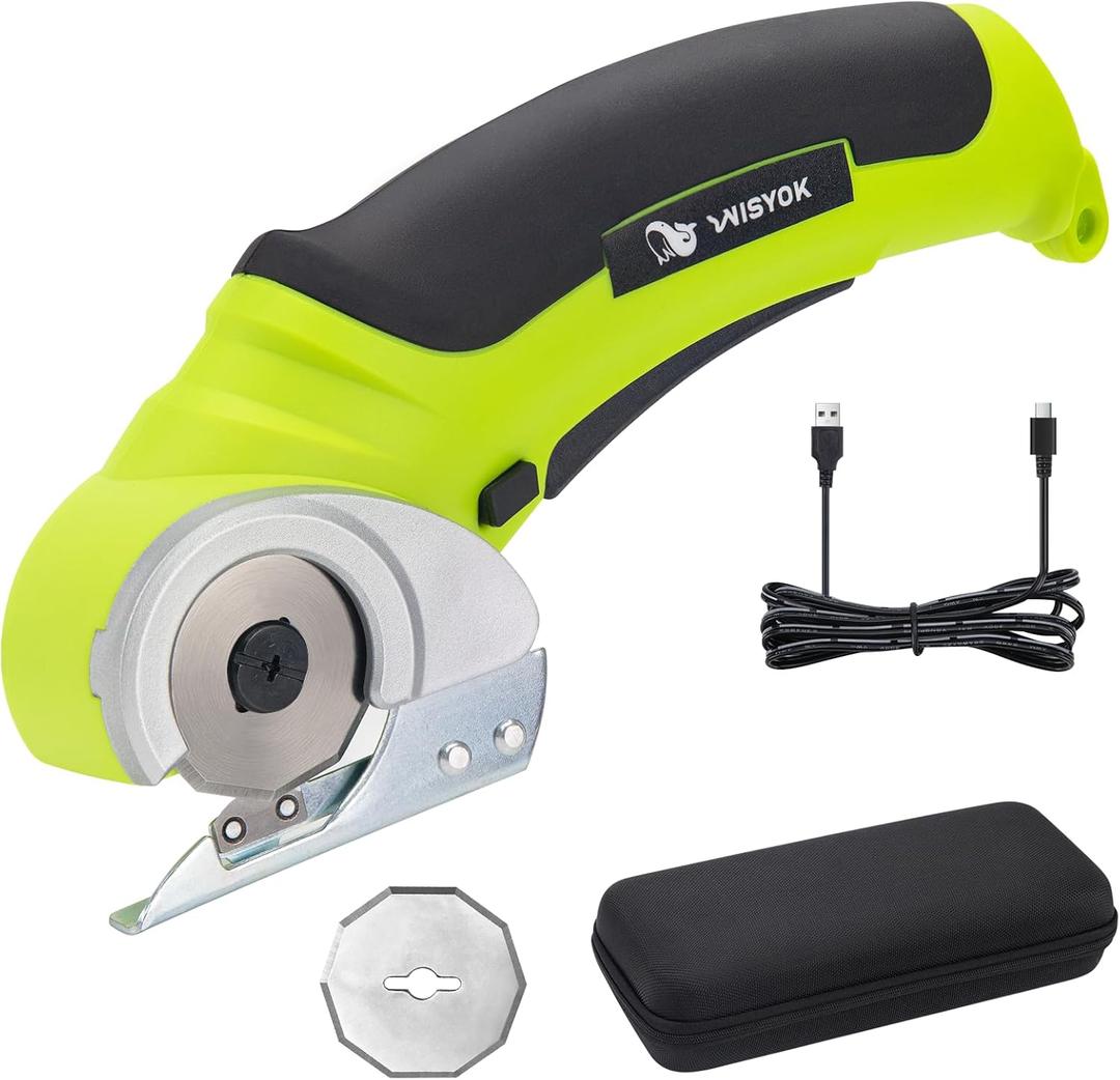 WISYOK Cordless Electric Scissors, 4.2V Rechargeable Cardboard Cutter with Safety Lock, 2 Blades & Storage Bag, Electric Box Cutter for Crafts, Leather, Plastic, Felt, Gifts for Men