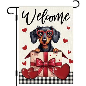 DLZDN Welcome Valentines Day Dachshund Dog Love Heart Garden Flag 1218 Inch Double Side Vertical Burlap Farmhouse Yard Sign Holiday Outdoor Decoration