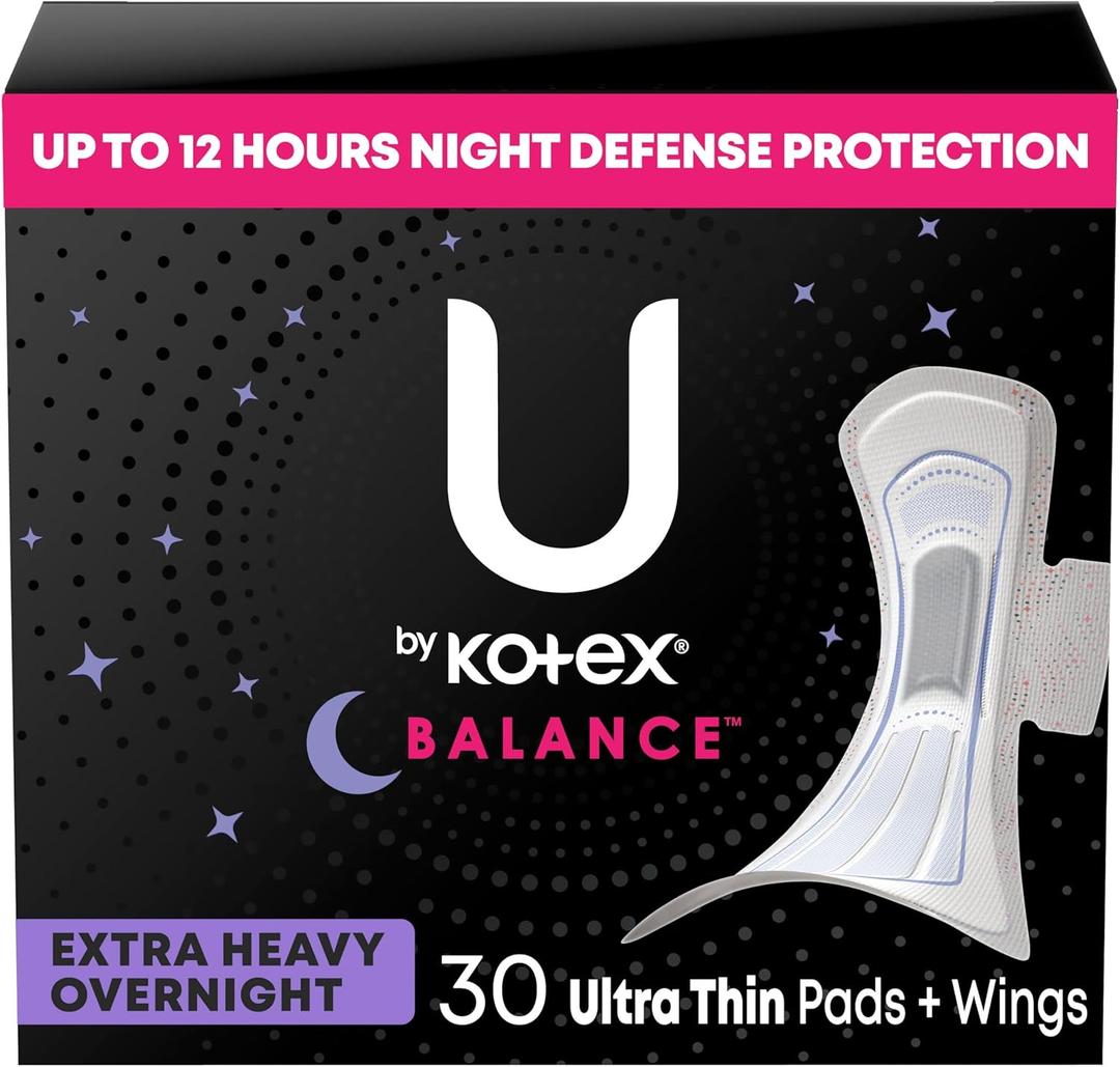 U by Kotex Balance Pads with Wings, Ultra Thin, Overnight, Extra Heavy Absorbency, 30 Count 
