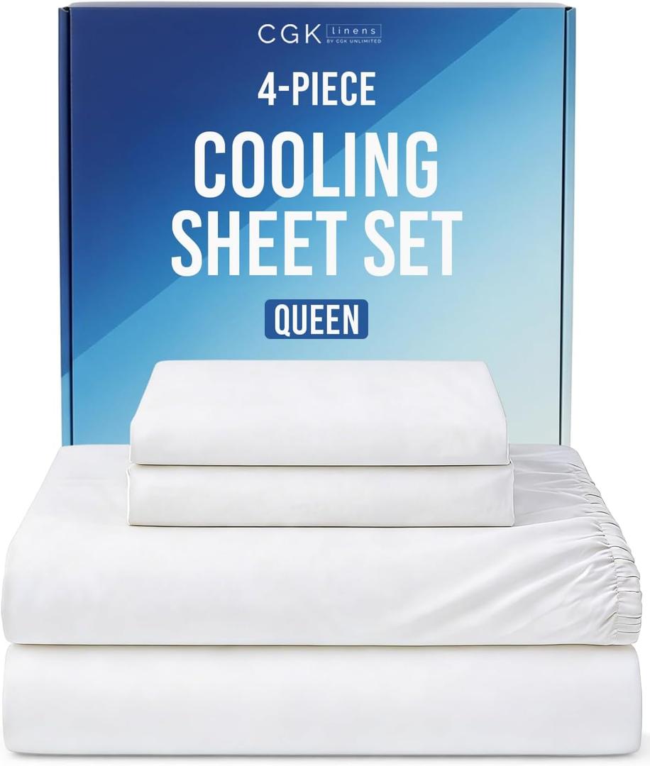 Cooling Sheets Set Queen Size - 4 Piece Summer Bed Sheets for Hot Sleepers & Night Sweats - Ultra Soft & Silky Smooth, Cooling Bed Set - Breathable & Lightweight with Deep Pockets 8" to 16" - White