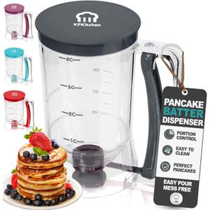Pancake Batter Dispenser - Kitchen Must Have Tool for Perfect Pancakes, Cupcake, Waffle, Muffin Mix, Cake & Crepe - Easy Pour Baking Supplies for Griddle - Pancake Maker with Measuring Label (Black)
