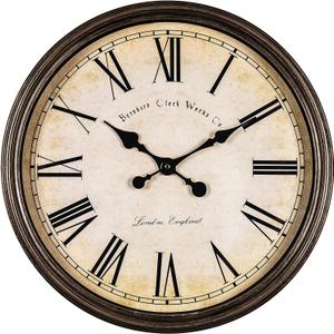 Bernhard Products Large Decorative Wall Clock 20 Inch Silent Non Ticking Battery Operated Quartz Vintage Stylish with Rustic Dark Brown Rim for Home Living/Dining Room Kitchen & Over Fireplace, Rustic Brown