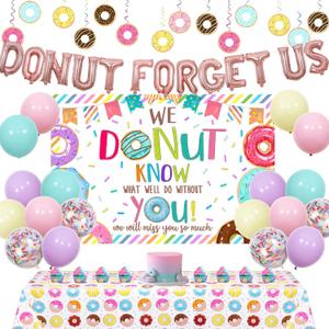 Donut Forget Us Party Decoration - Retirement Farewell Party Backdrop, Balloon Banner, Tablecloth, Hanging Swirl