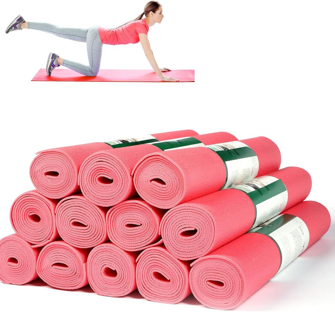 Amylove 12 Pieces Yoga Mats Bulk 68x24x0.12 Inch Exercise Non Slip Fitness Workout Mats for Women Men Home Workout Gym Yoga (Pink)