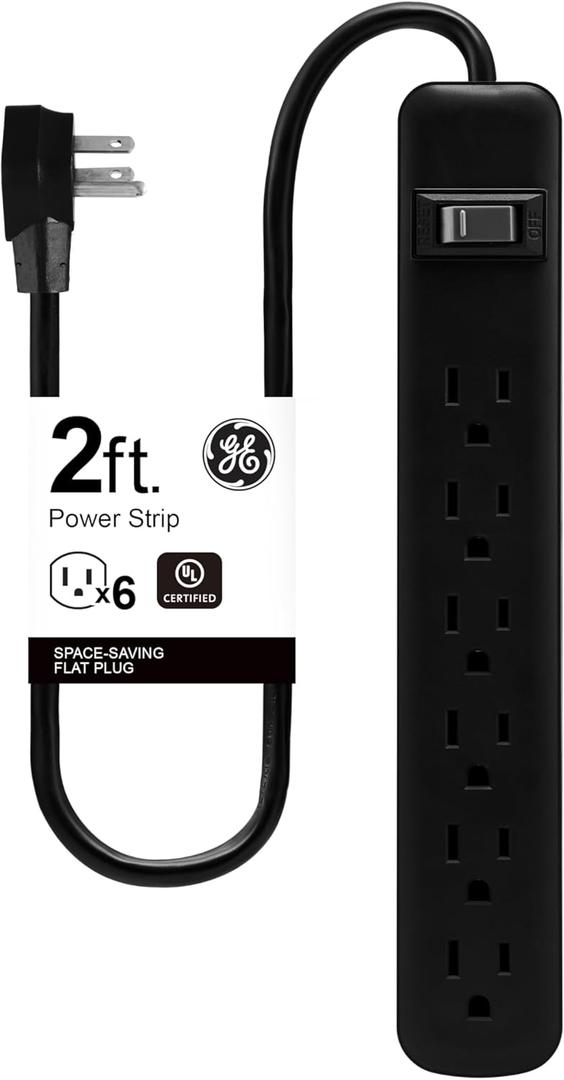 GE 6-Outlet Power Strip, 2ft Cord, Wall Mount, Integrated Circuit Breaker, 15A, 1800W, UL Listed, Black, 14831