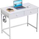 Furologee White Small Computer Desk with 2 Fabric Drawers, 36 Inch Simple Home Office Writing Desk, Vanity Desk with Hooks, Study Desk for Bedroom Small Spaces