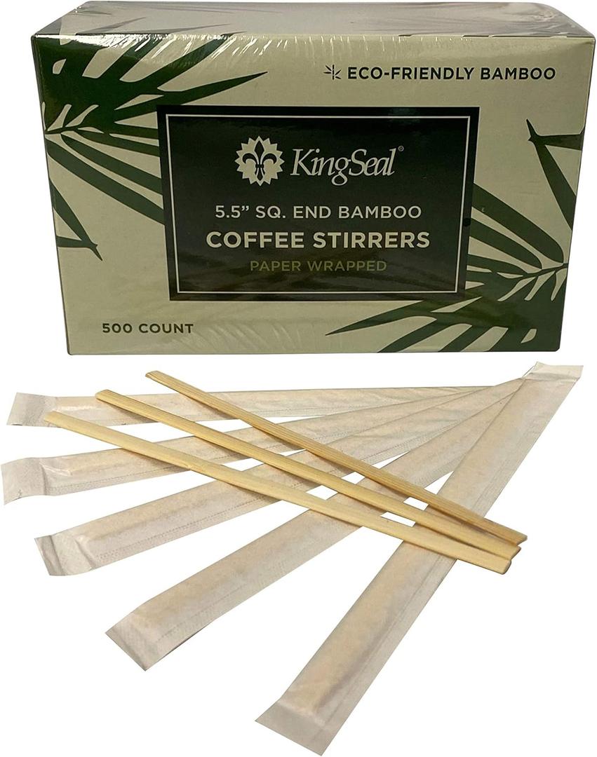 1000 Count | KingSeal Individually Paper Wrapped Bamboo Coffee Stir Sticks, 5.5 inches, Square End, 100% Renewable and Biodegradable - 2 Boxes x 500