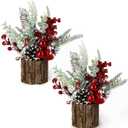 Small Christmas Tree Tabletop Artificial Mini Christmas Tree Decorations with Holiday Ornaments Red Berry Pine Cone Greenery for Home Indoor Fireplace Mantel Xmas Decor (2pcs -Tree Stump-Red)