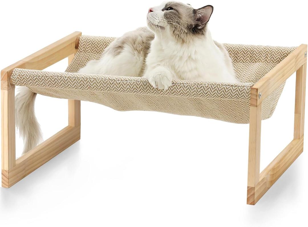 FUKUMARU Dog Bed, Large Breathable Cat Bed, Wooden Cat Hammock for Outdoor, 21 X 16.5 Inch Elevated Pet Furniture Suitable for Kitty, Puppy, Rabbit, Bunny and Small Animal (Beige)