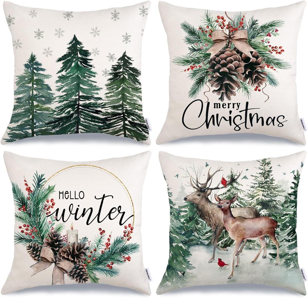 GEEORY Christmas Tree Reindeer Pillow Covers 20 x 20 Inch Set of 4, Xmas Decorations, Holiday Hello Winter Decorative Throw Pillows for Sofa Green G717-20