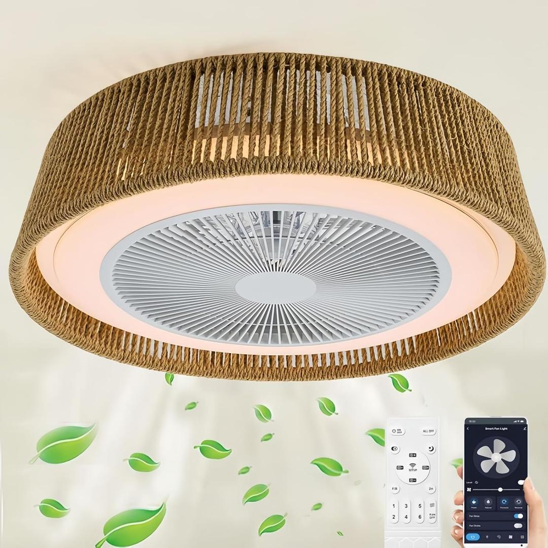 21.5" Boho Caged Ceiling Fan with Lights Farmhouse Rattan Flush Mount Fandlier Light Hanwoven Paper Rope Fan Chandelier with Remote Reversible for Bedroom Dining Study Living Room Kitchen Entry