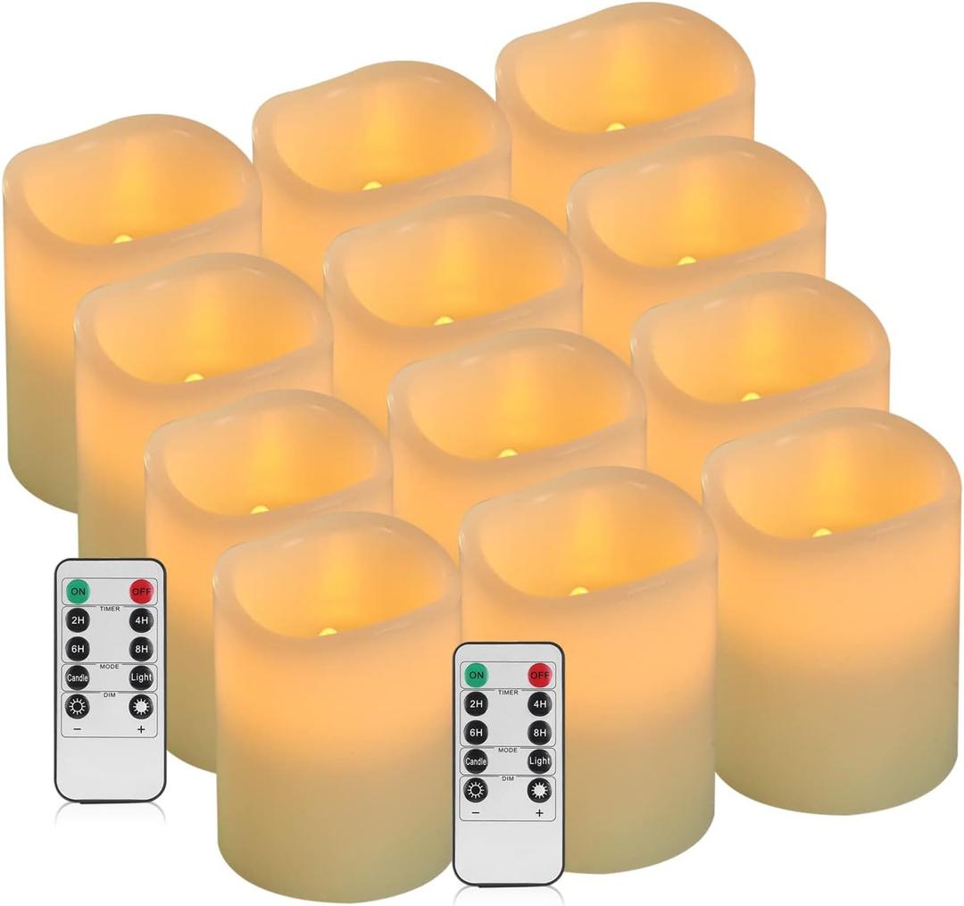 Vinkor Flameless Candles Battery Operated Candles Real Wax Pillar LED Candles with 10-Key Remote and Cycling 24 Hours Timer (Ivory Set of 12 D: 3" x H: 4")