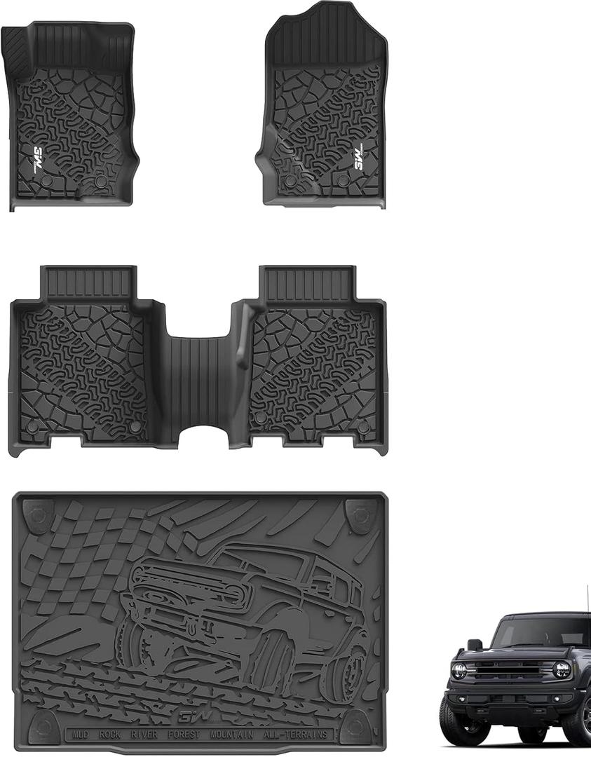 3W Floor Mats & Cargo Liner Fit for 2021-2024 2025 Ford Bronco 4 Door, TPE All Weather Custom Fit Floor Liner 1st 2nd Row and Full Set Trunk Mats, Black (Not for Bronco Sport & Rubberized Floor)