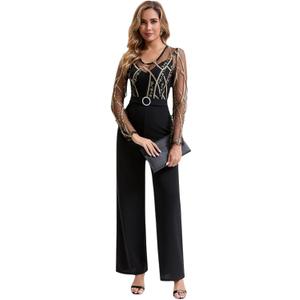 Xiczvak 2026 Women's Dressy Jumpsuits One Piece Sexy Elegant Flower Embroidery Cutout Mesh Long Sleeve Casual Formal Wide Leg Pants Rompers with Belt for Spring Fall Outfits Clothing Blackgold L