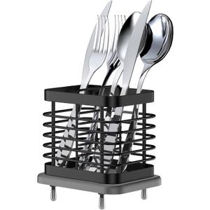 2 Slots Utensil Holder for Kitchen Counter, Small Stainless Steel Cutlery Holder Organizer with Drying Diatomaceous Earth Base, Utensil Drying Rack Spoon Fork Organizer Crock Storage, Black
