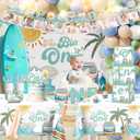 232pcs The Big One Party Decorations Include Photo Banner High Chair Banner Backdrop Tablecloth Balloons Tableware Ballon Box Cutout Crown Cake Topper Poster, for Boys First Birthday Decorations