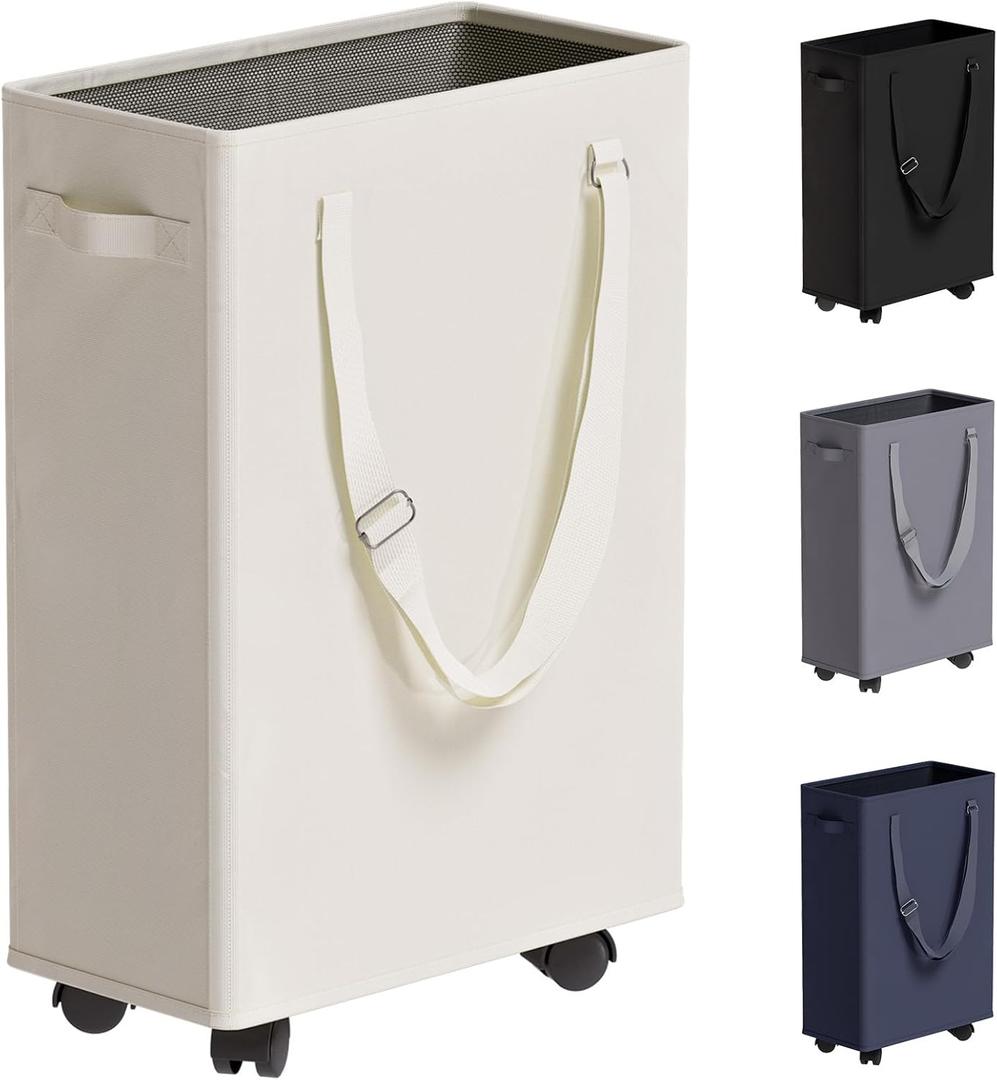Slim Rolling Laundry Basket, Slim Laundry Hamper with Wheels and Adjustable Long Handles, 45L Small Laundry Baskets with Mesh Top for Bedroom, Closet, and Bathroom - Beige