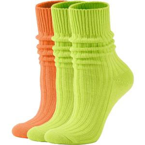 3 x Women's Neon Scrunch Crew Socks 80s 90s Retro 3-Pack Cotton Stacked Boot Calf Cozy Ribbed Slouchy Socks Size 5-10 (2-neon Green/1-neon Orange)