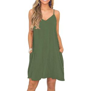 BEUFRI Women's Summer Spaghetti Strap Casual Swing Tank Beach Cover Up Dress with Pockets (Medium, Army Green)