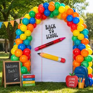 2 x Yaomiao 103 Pcs Notebook Arch Backdrop Cover Back to School Photo Decor Set | Includes 6.7 ft Round Top Arch Stand Covers Inflatable Crayon Pencil 100 Balloons for First Day of School Classroom Supplies
