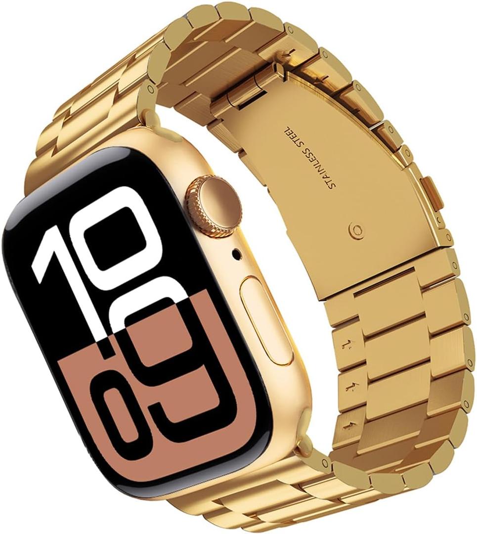 Gold Watch Band 46mm 49mm 45mm 44mm 42mm for Apple Watch, Stainless Steel Watch Bands Compatible with iWatch Band Series 10/Ultra 2/Ultra/9/8/7/SE/6/5/4/3/2/1, for Women Men, Gold